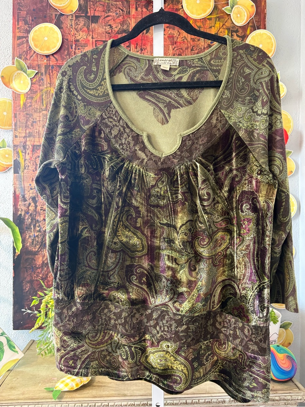 Energe PXL Velvet Paisley Scoop Neck Top - Olive